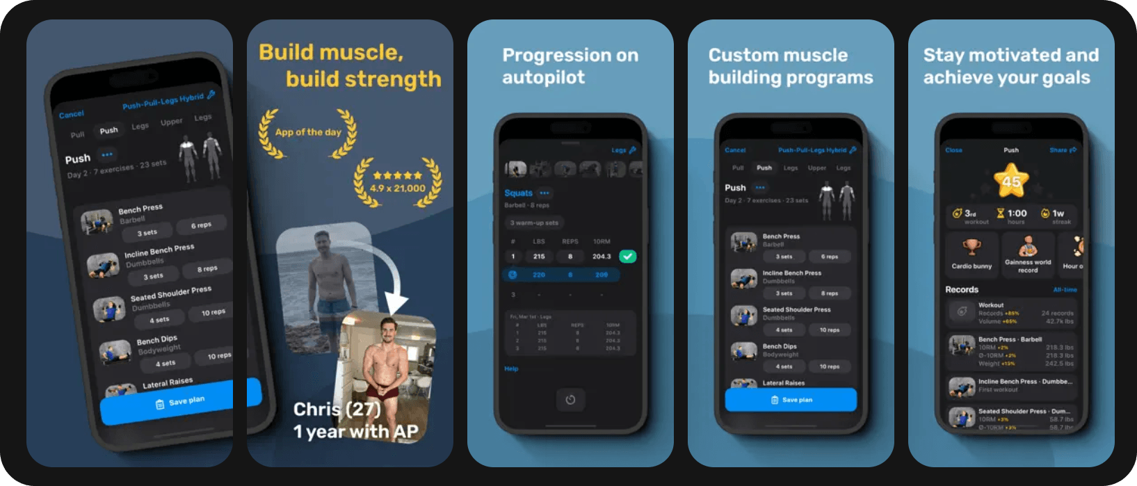 Alpha Progression app screenshots showing workouts, progression and custom muscle building plans.