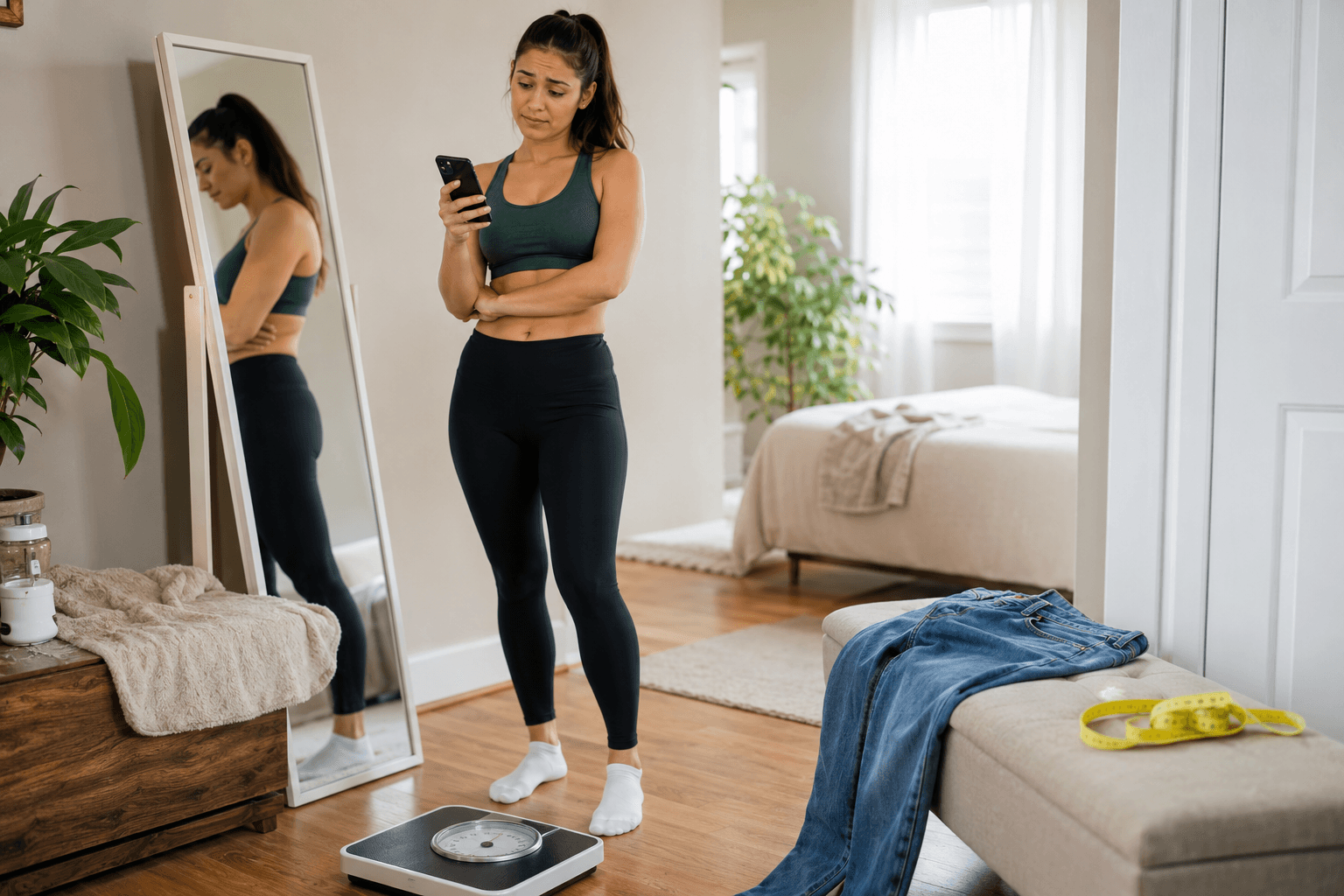 Woman checking her phone near a scale and mirror, reflecting on whether her calorie target still fits her progress during a diet.