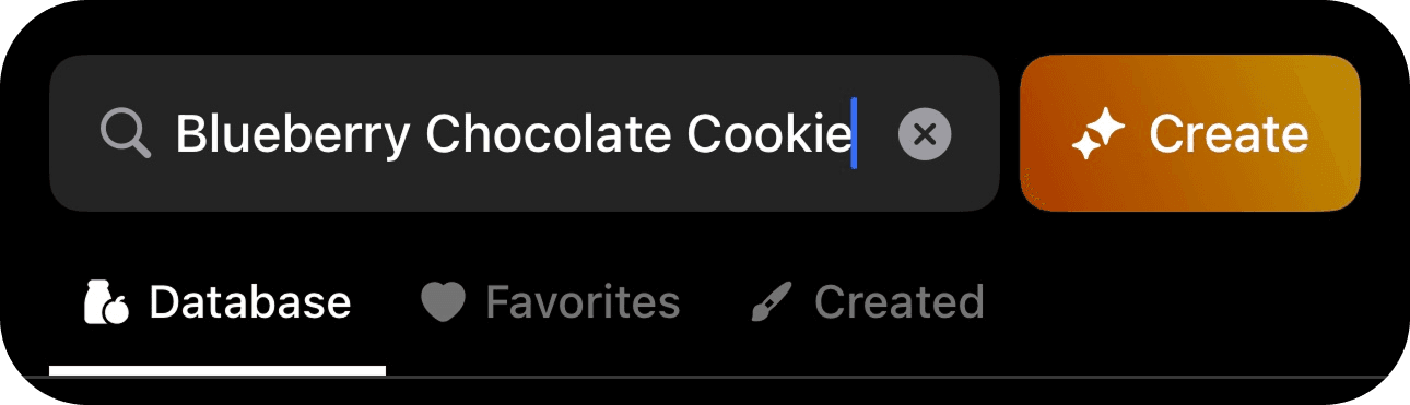 Search bar showing creation of a blueberry chocolate cookie