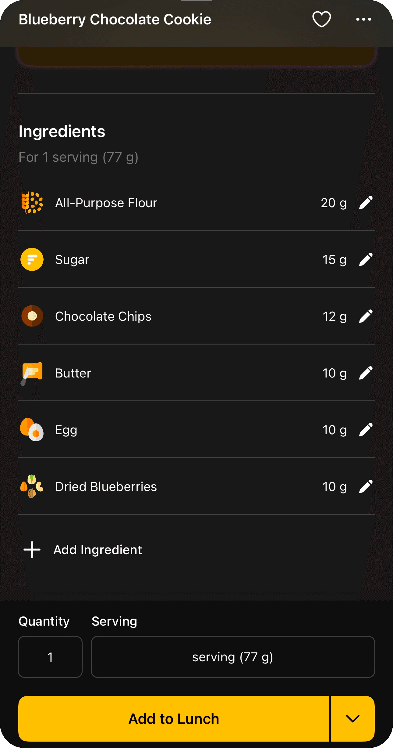 Ingredients list for a blueberry chocolate cookie