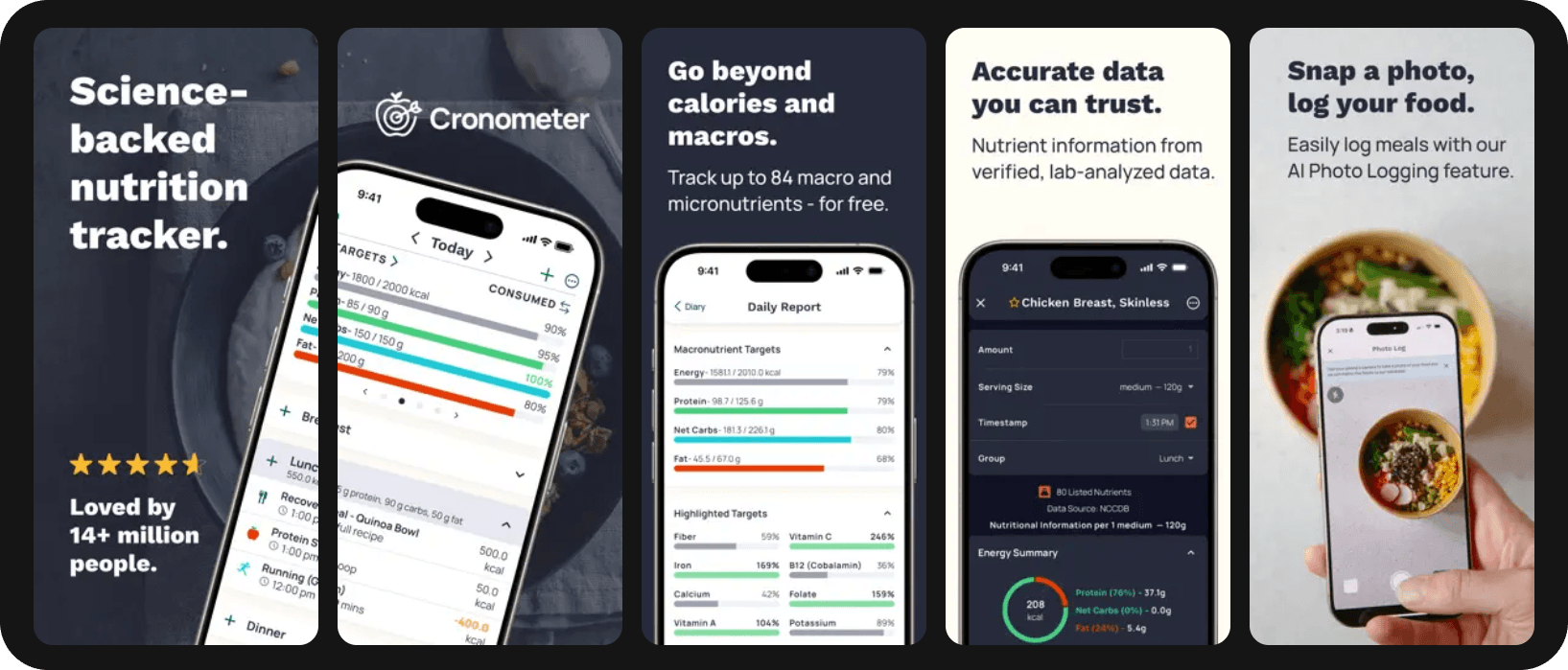 Capturas de Cronometer mostrando seguimiento de macros y registro por foto.