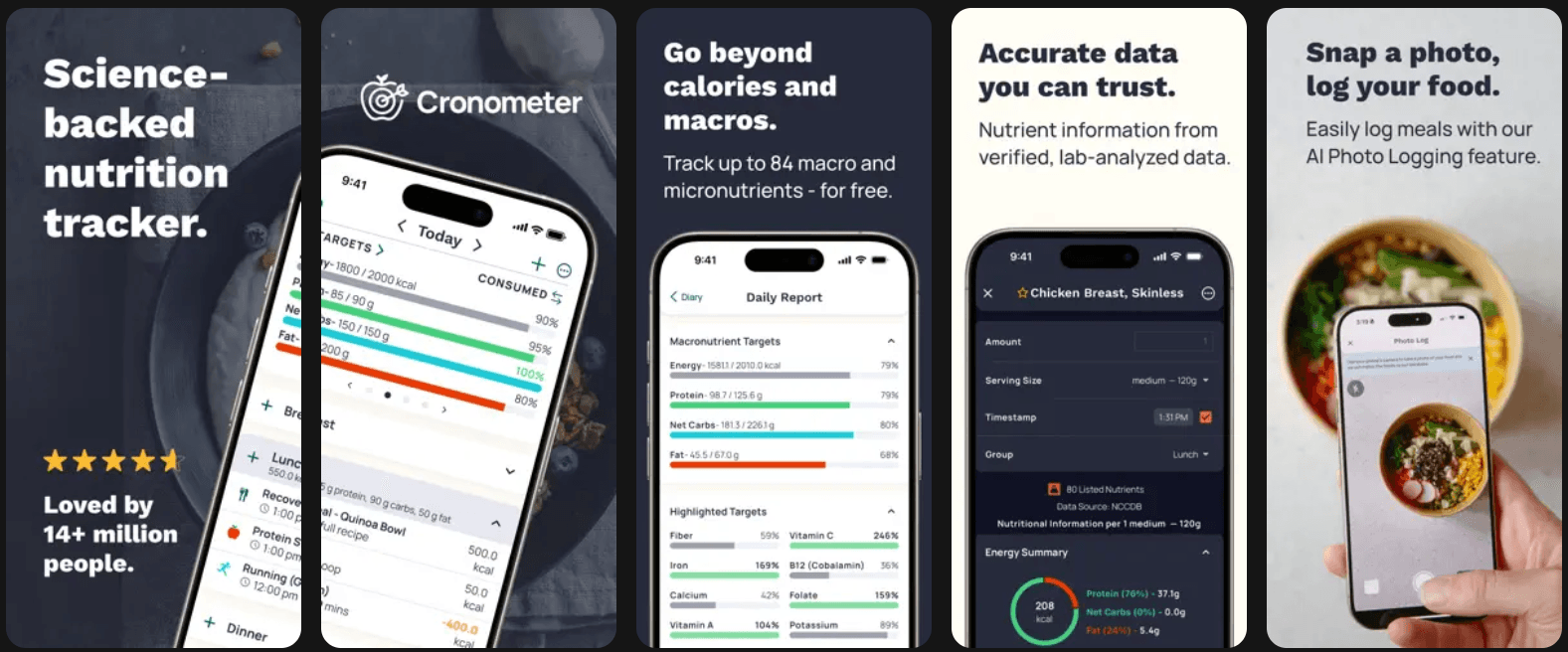 Cronometer app preview highlighting nutrition tracking and food logging.
