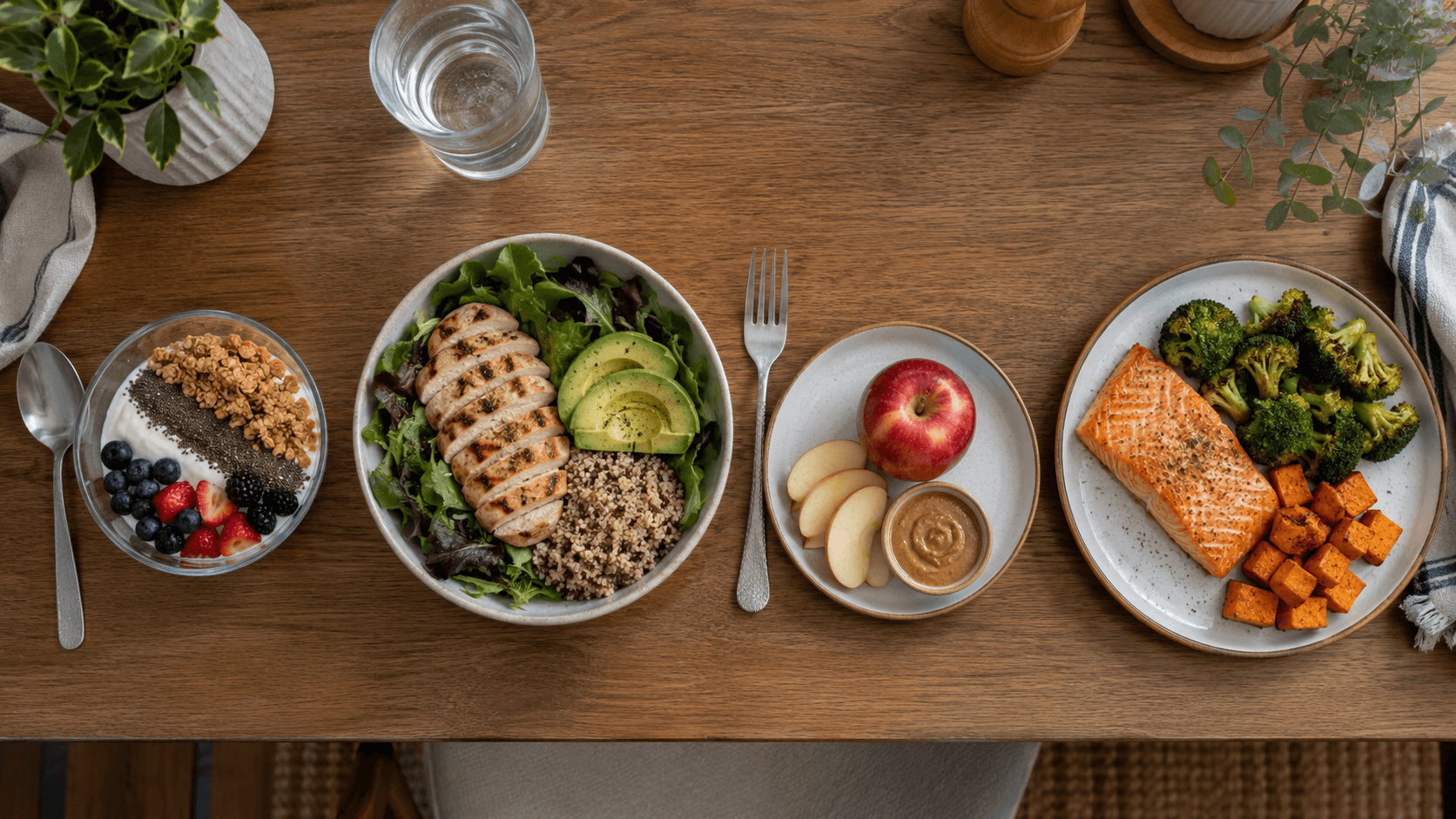 Healthy full-day 1 meal plan on a kitchen table with Greek yogurt parfait, grilled chicken salad, apple with almond butter, and salmon dinner.