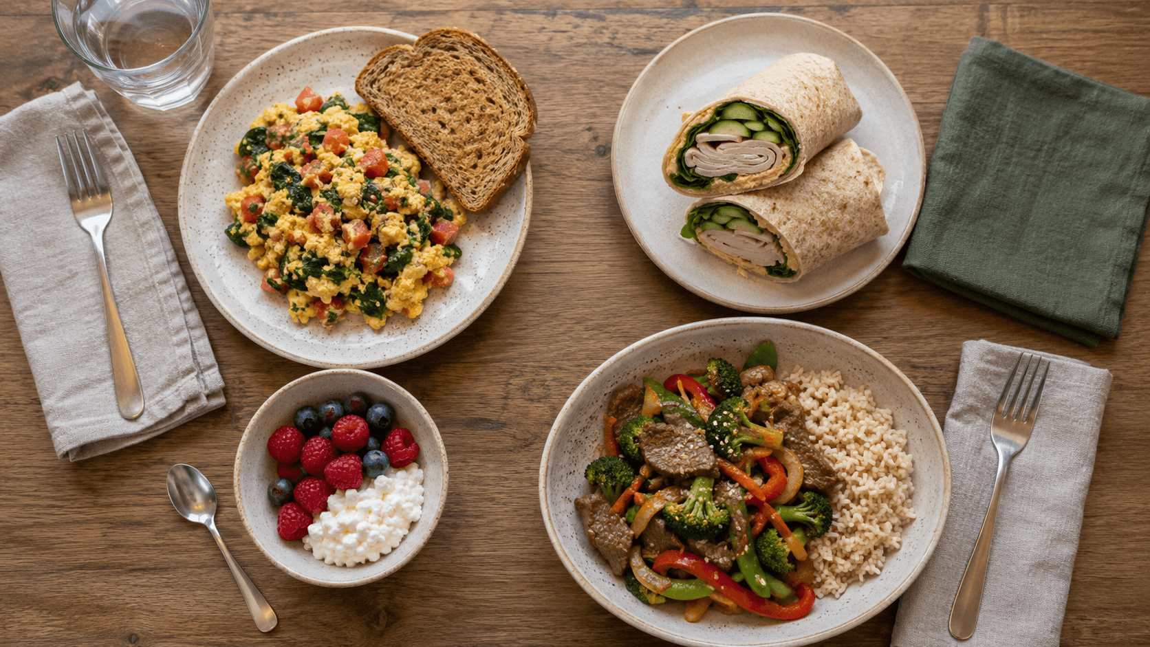 Full-day 2 healthy meal plan with veggie egg scramble, turkey hummus wrap, cottage cheese berries, and lean beef stir-fry.