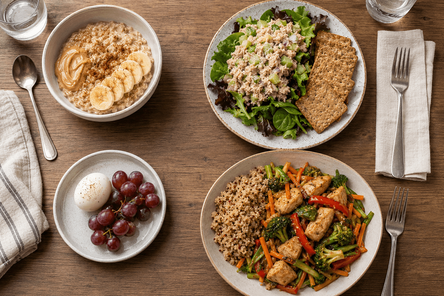 Healthy full-day 3 meal plan with oatmeal, tuna salad, hard-boiled egg with grapes, and chicken quinoa stir-fry.