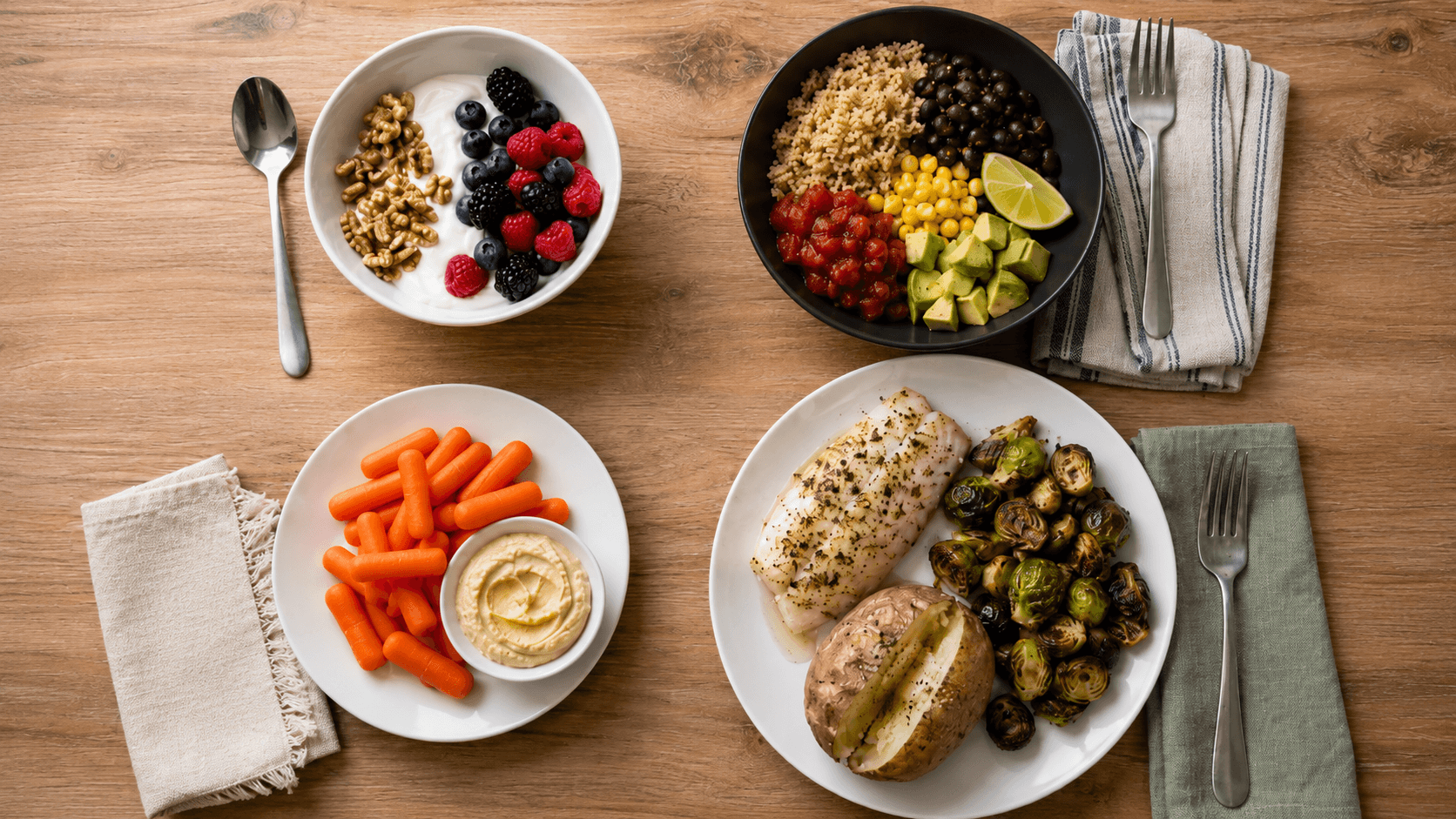 Healthy day 4 meal plan with Greek yogurt and berries, quinoa black bean bowl, carrots with hummus, and baked cod with Brussels sprouts and potato.