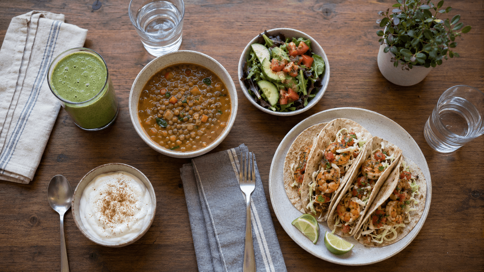 Healthy day 5 meal plan with protein smoothie, lentil soup and salad, Greek yogurt snack, and shrimp tacos on a rustic kitchen table.
