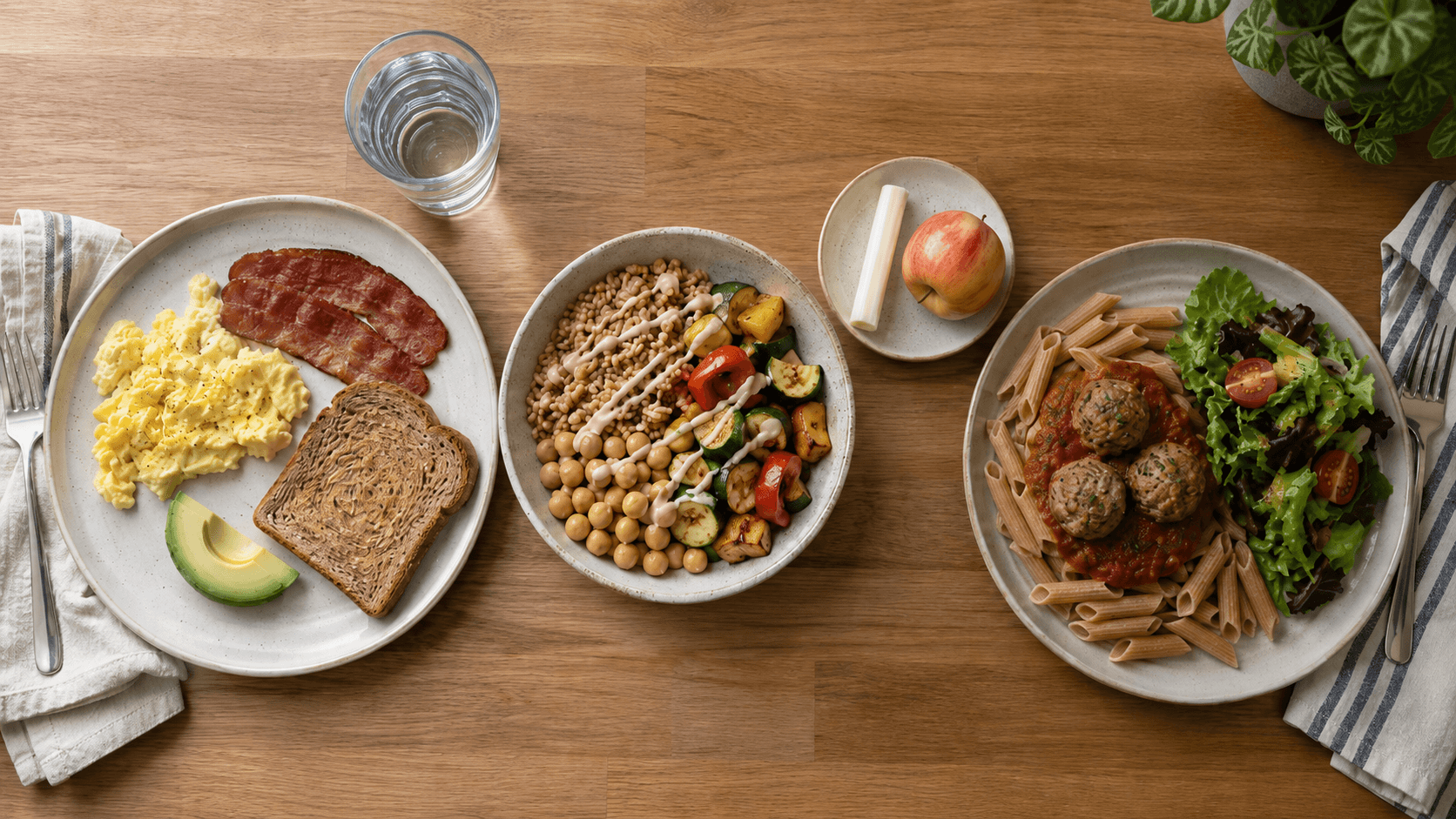 Healthy day 6 meal plan with eggs and turkey bacon, farro chickpea grain bowl, apple with string cheese, and turkey meatball pasta with salad.