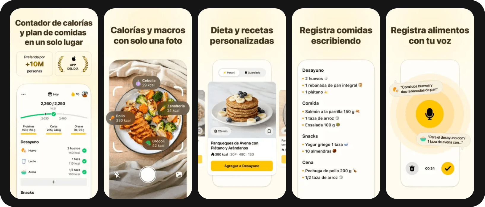 Capturas de la app Fitia mostrando conteo de calorías y registro de comidas.