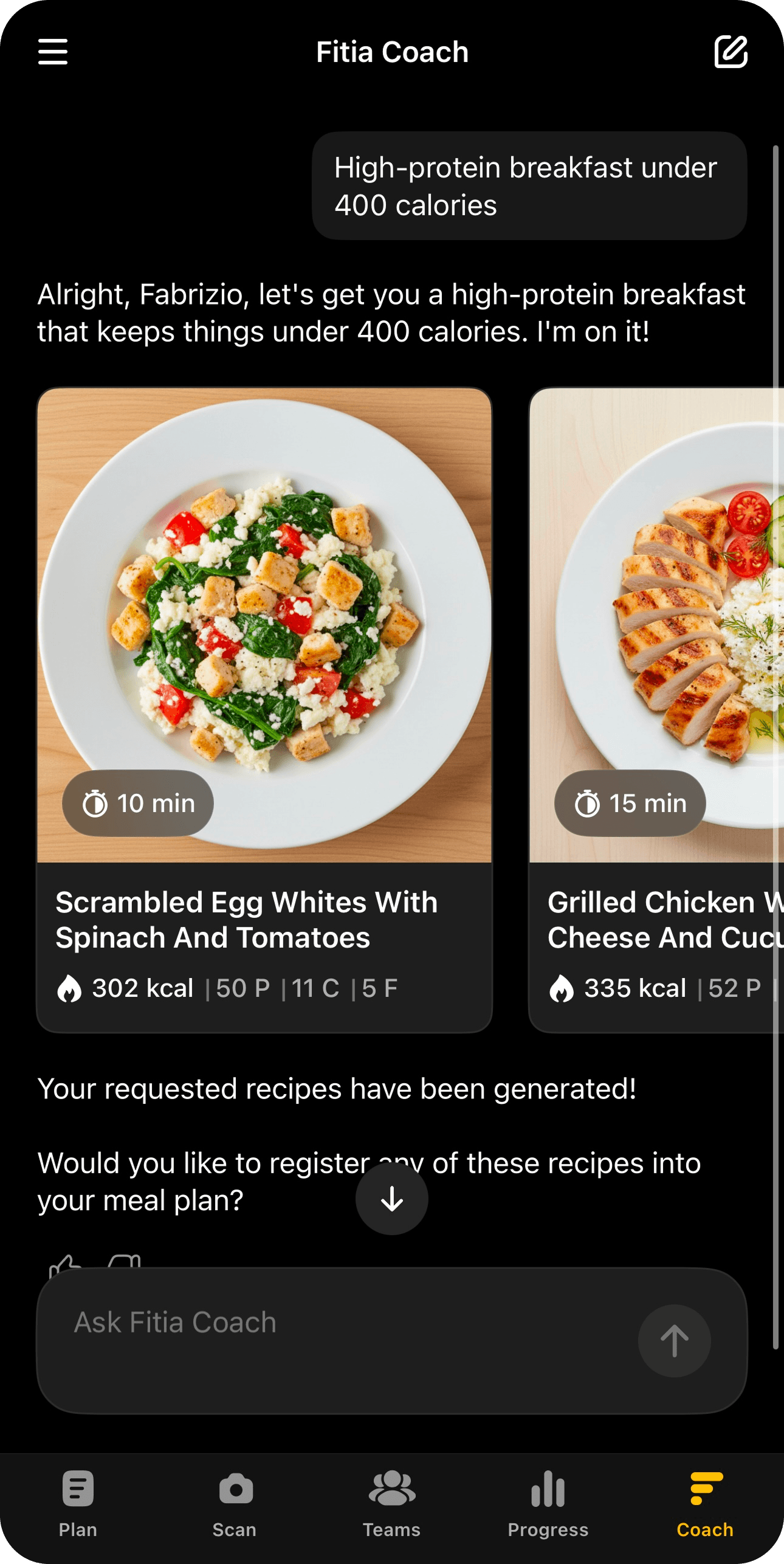AI meal suggestions for a high-protein breakfast under 400 calories