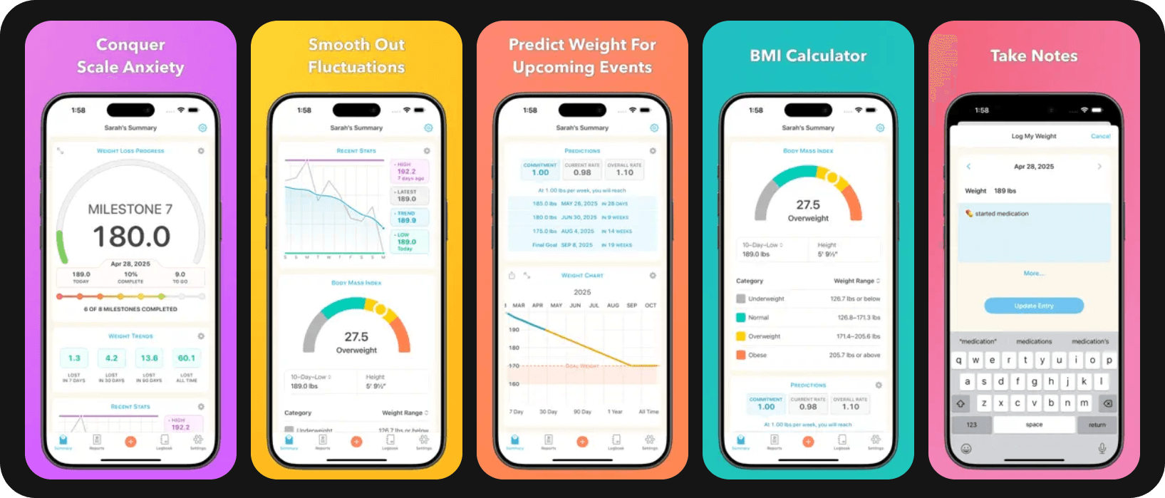 Happy Scale app screenshots showing weight trends, predictions and BMI tracking.