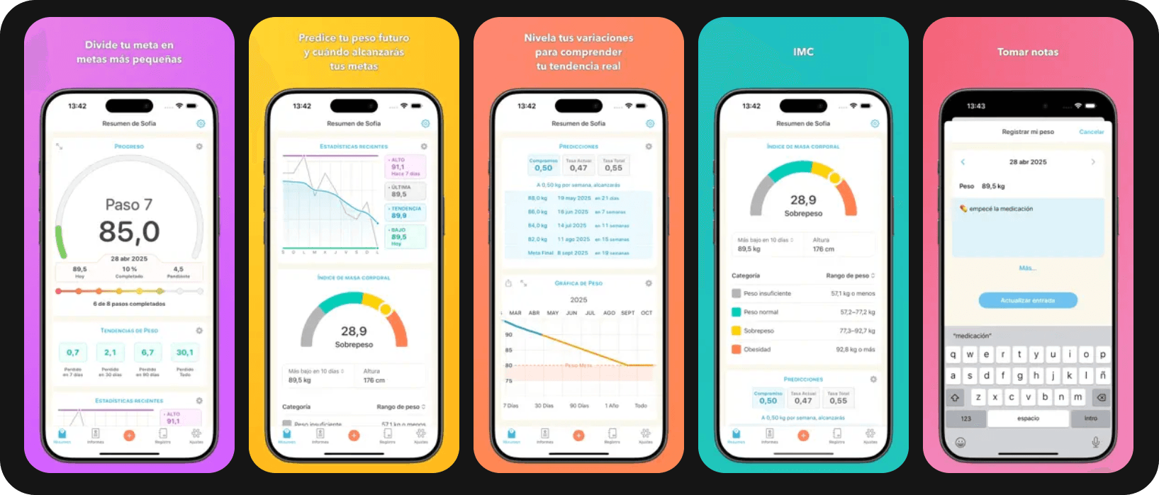 Capturas de Happy Scale mostrando progreso y tendencias de peso.