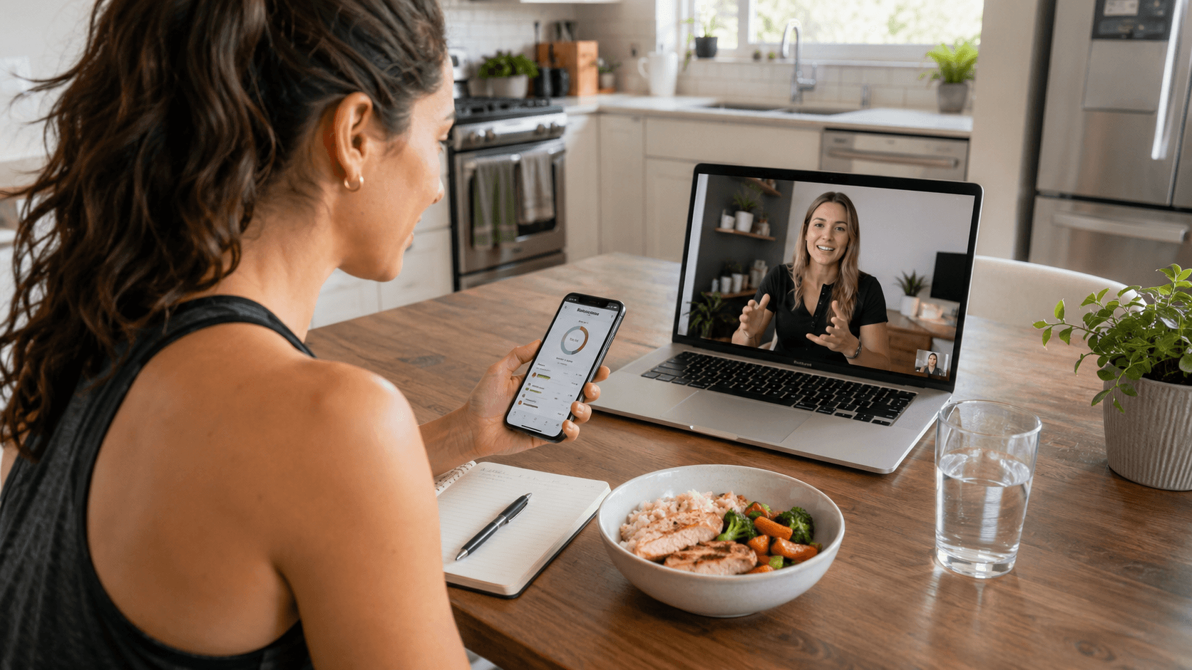 Woman using a nutrition tracking app while speaking with a coach on a laptop during a home meal planning session.