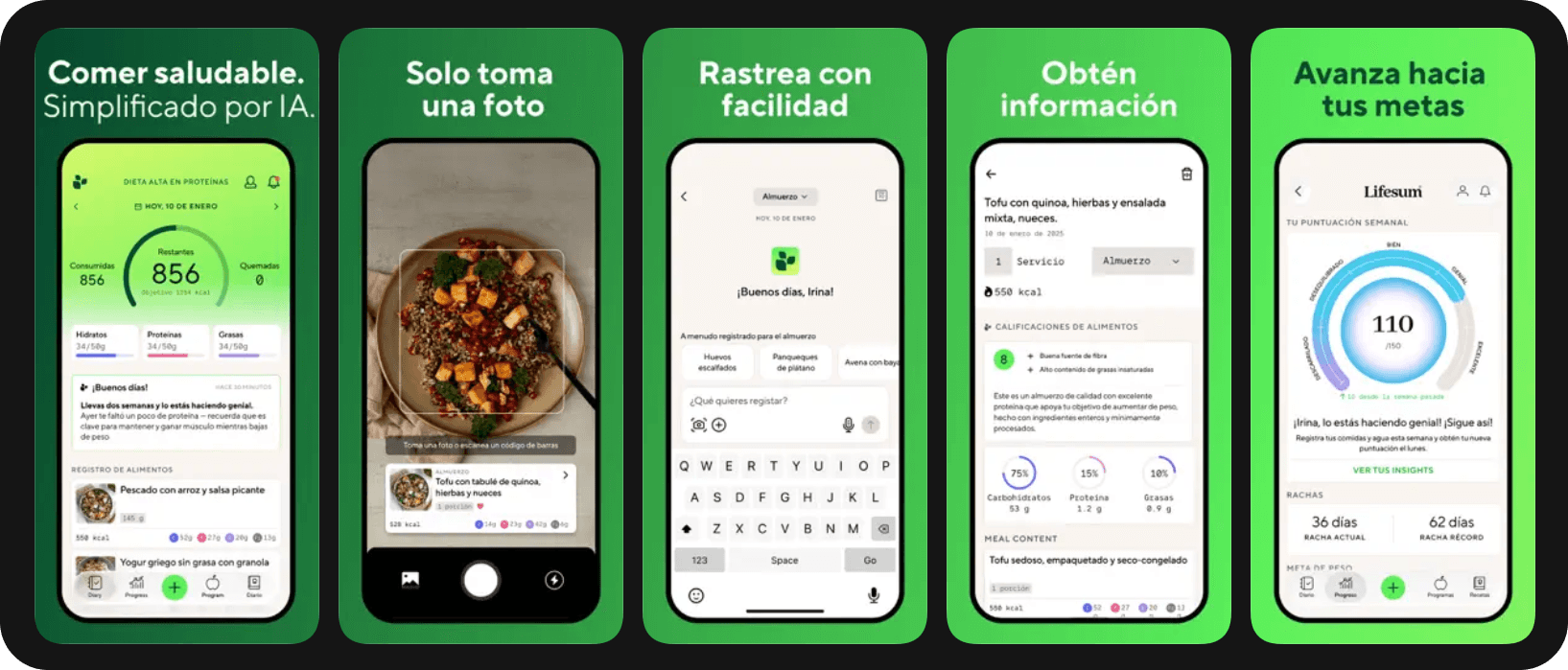 Capturas del pantalla del aplicativo Lifesum