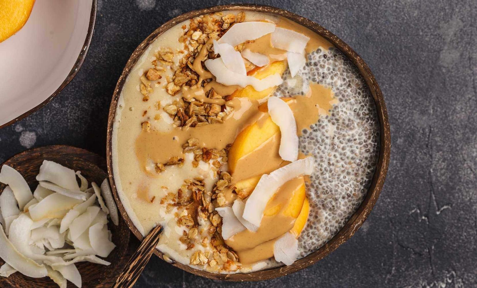 Mango, Chia Pudding, Homemade Granola and Peanut Butter Smoothie Bowl