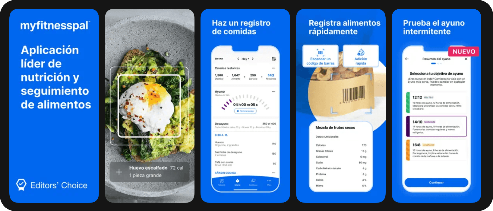 Capturas de MyFitnessPal mostrando registro de comidas y escaneo de alimentos.