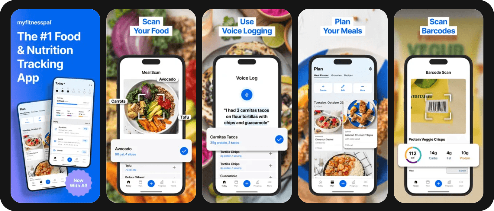MyFitnessPal app screenshots showing meal planning, food scanning and voice logging.