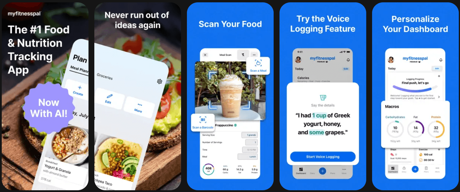 MyFitnessPal app screenshots showing meal planning, food scanning and voice logging.
