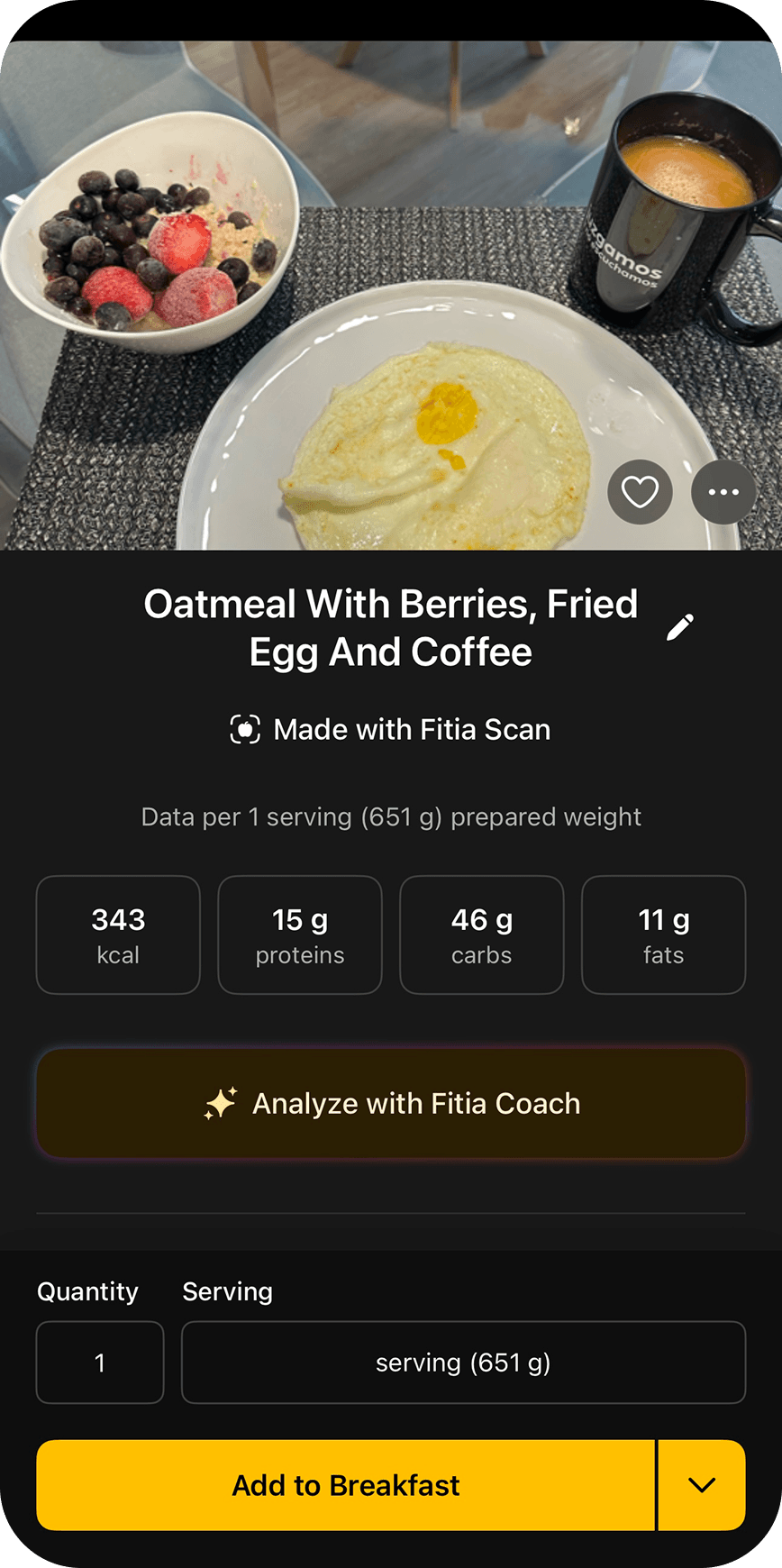 Fitia app screen showing scanned meal of oatmeal with berries, fried egg, and coffee with nutrition details.