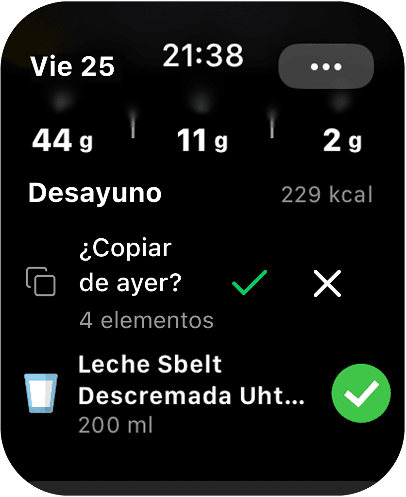 Apple Watch mostrando la opción de copiar de Fitia