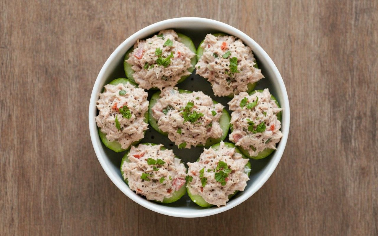 Rodajas de pepino coronadas con mezcla de atún, tomate y perejil, servidas en bowl blanco sobre superficie de madera.