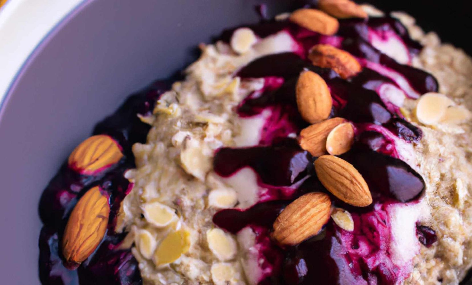 Protein Porridge with Blueberry Coulis and Sliced Almonds