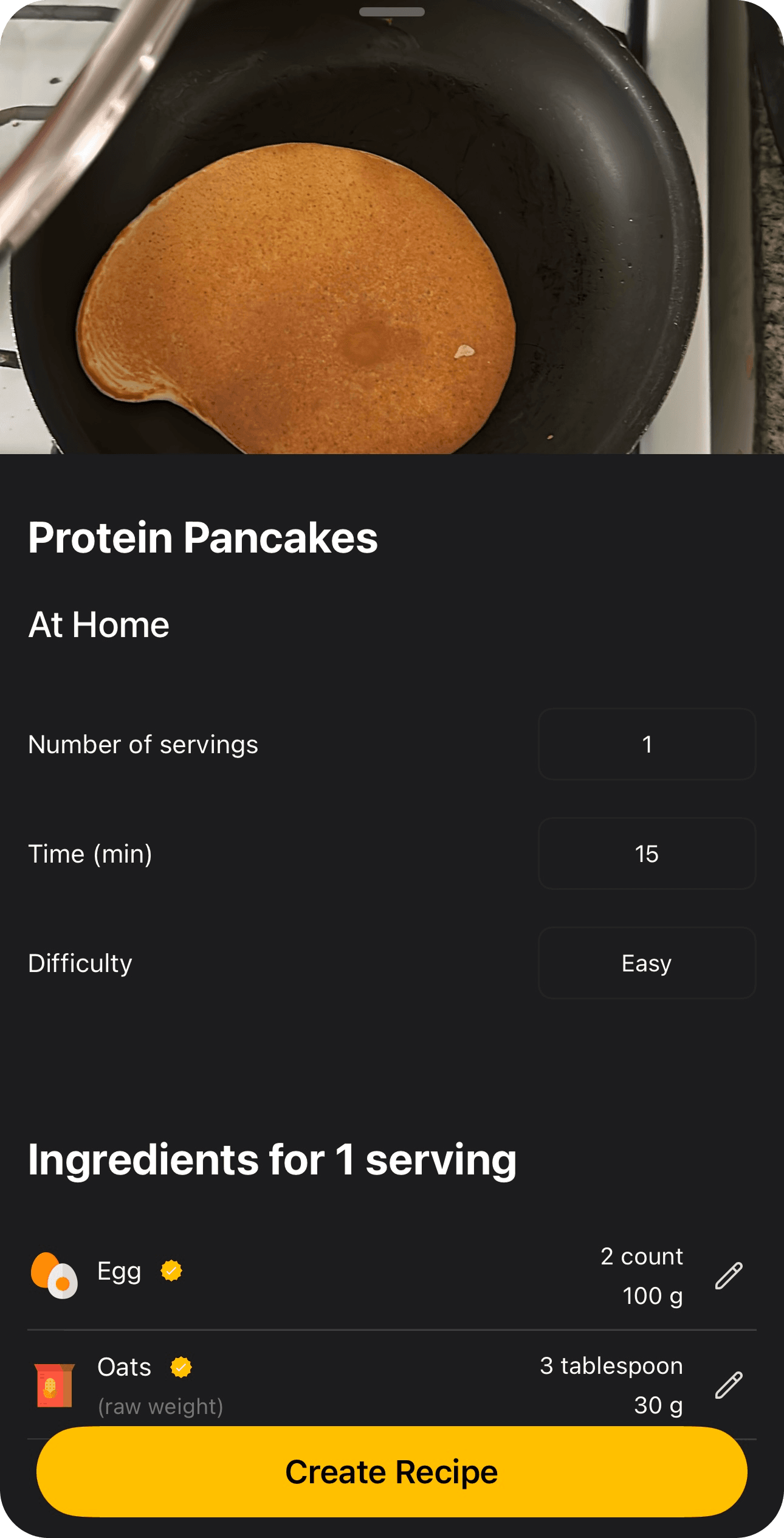 Protein pancake cooking in pan with recipe details