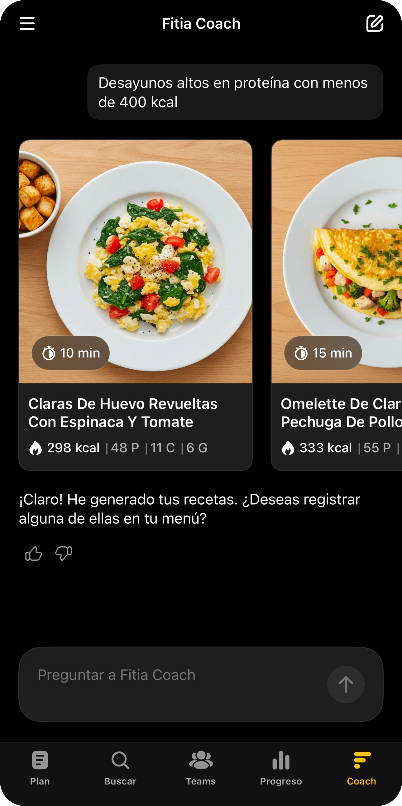 Sugerencias de desayuno alto en proteína creadas por Fitia Coach