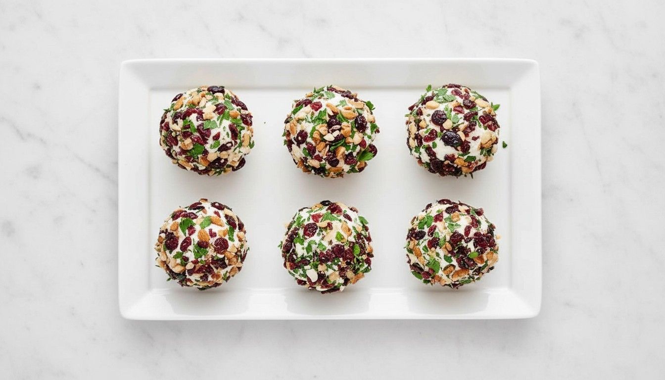 Ricotta cheese balls coated with dried fruit and nuts on a white platter.