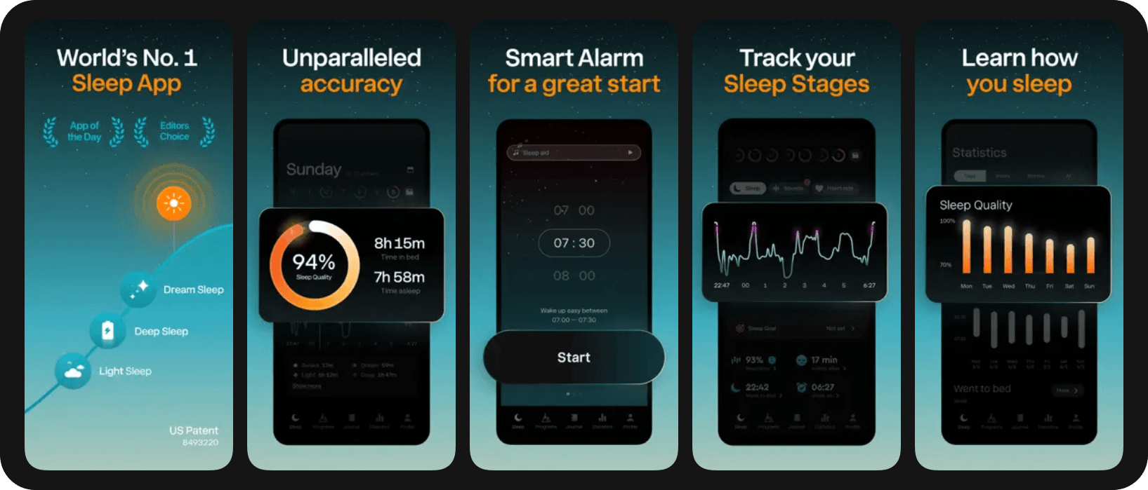 Sleep Cycle app screenshots showing sleep quality, smart alarm and sleep stage tracking.