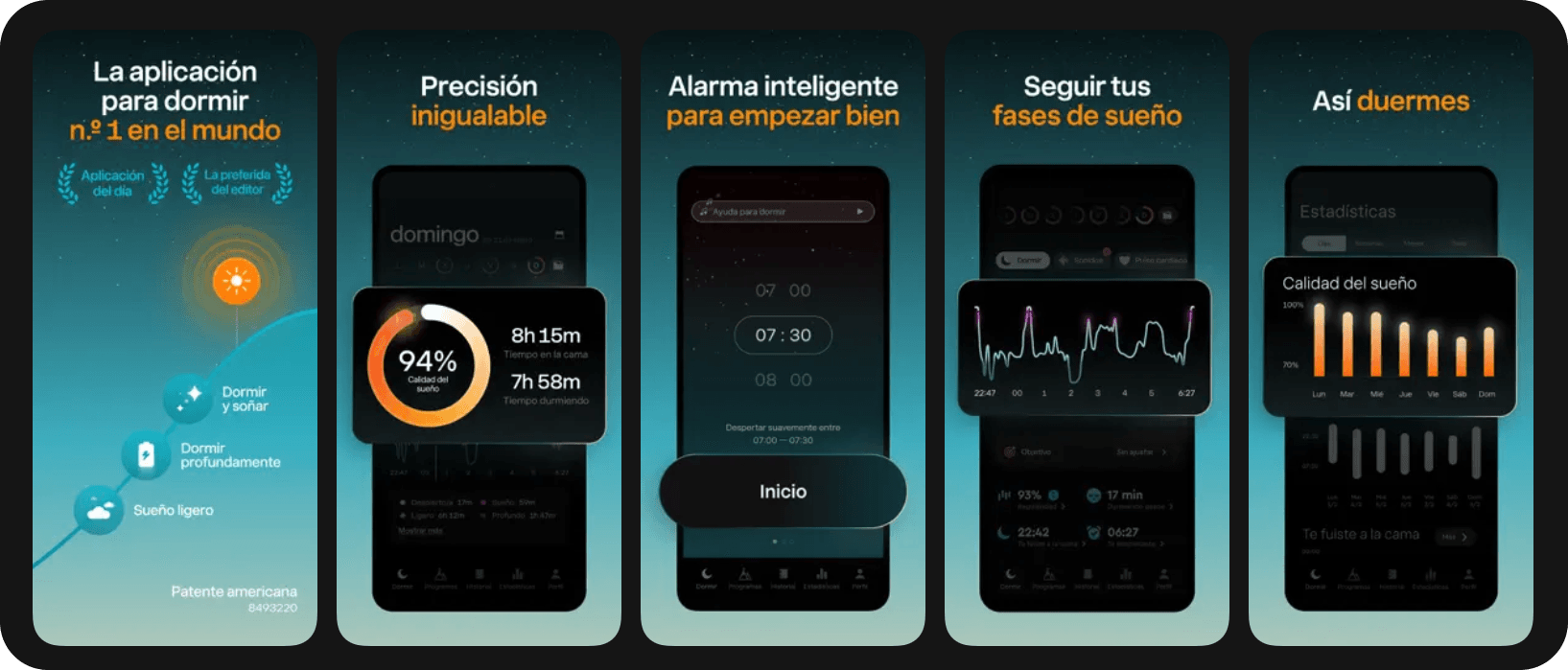 Capturas de Sleep Cycle mostrando calidad del sueño y fases de sueño.