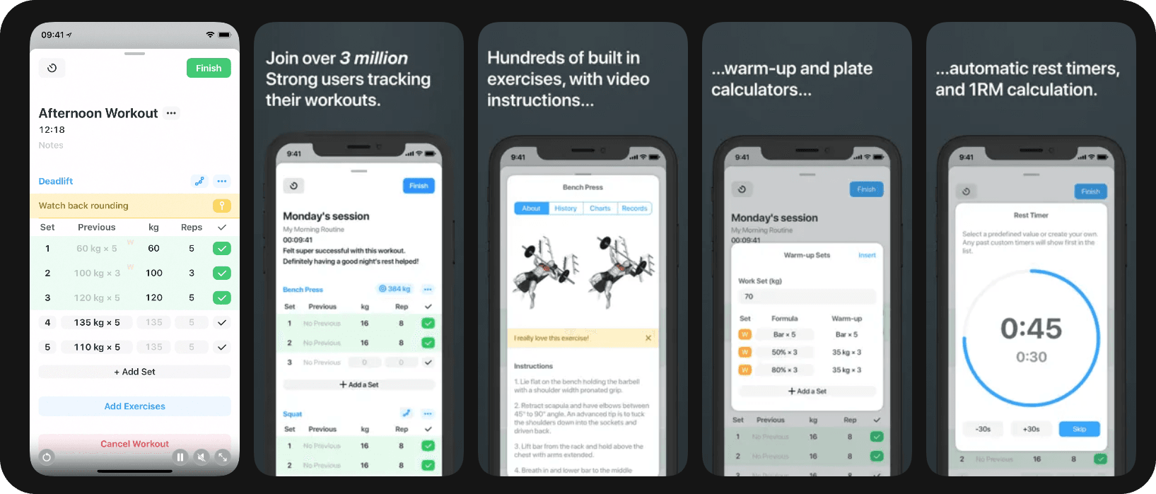 Strong app interface showing workout logging, exercise guides, warm up calculators and rest timers.