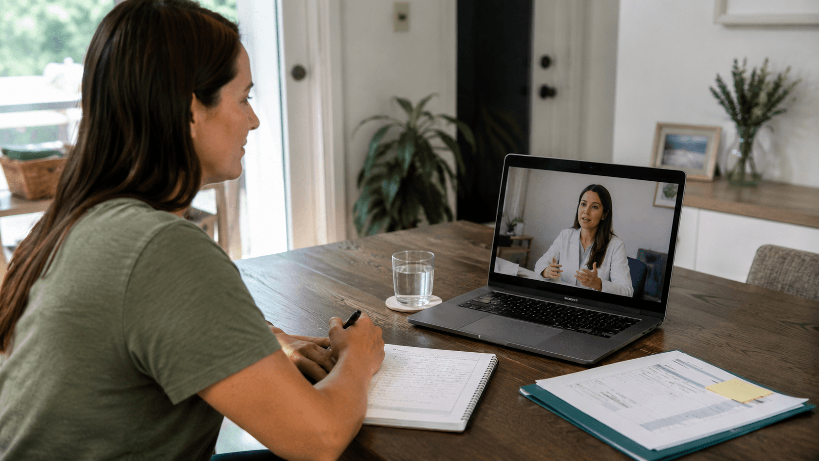 Woman taking notes during a telehealth appointment with a registered dietitian from her home dining table.