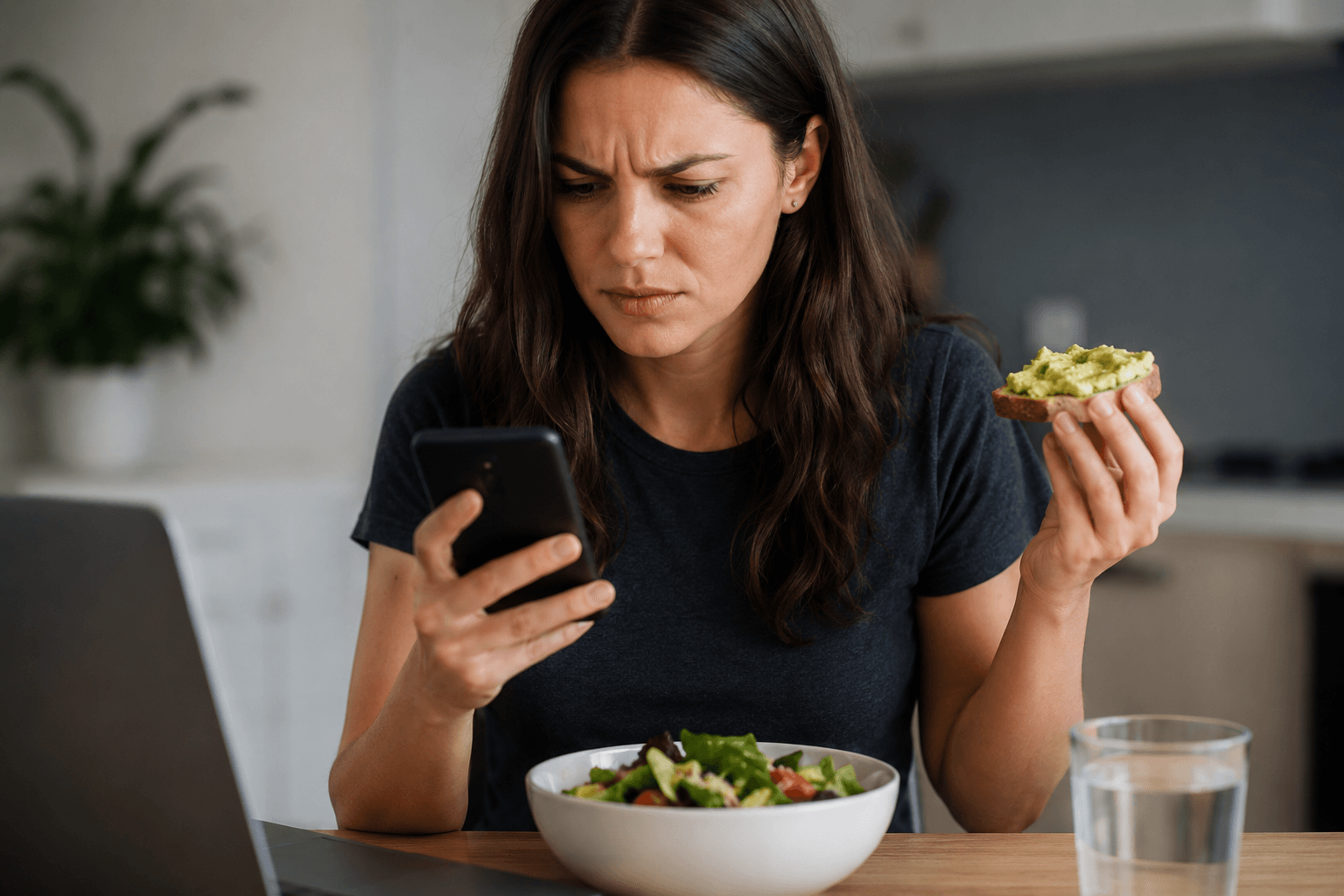 Woman looking concerned while checking a calorie tracking app on her phone during a meal at home.