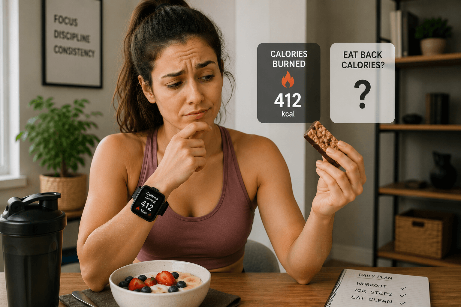 Woman checking calories burned on her smartwatch while reviewing her daily calorie target and breakfast at home.