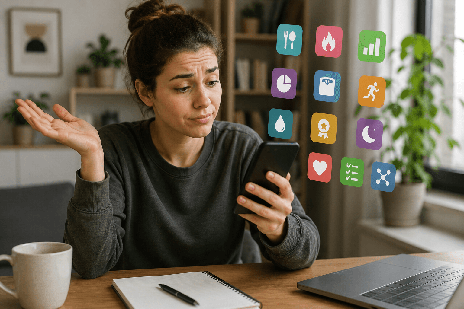 Young woman looking uncertain while comparing multiple health and nutrition app features on her smartphone, illustrating decision overload and feature complexity.