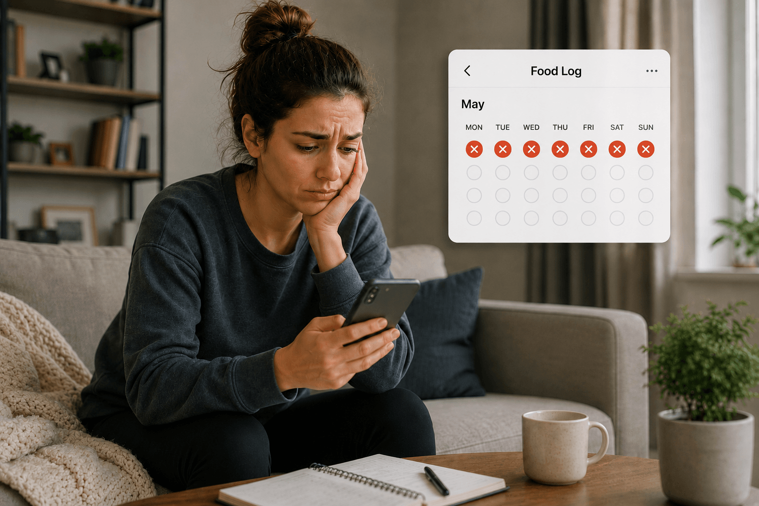 Woman looking concerned at her phone while reviewing a week of missed food logs in a calorie tracking app.