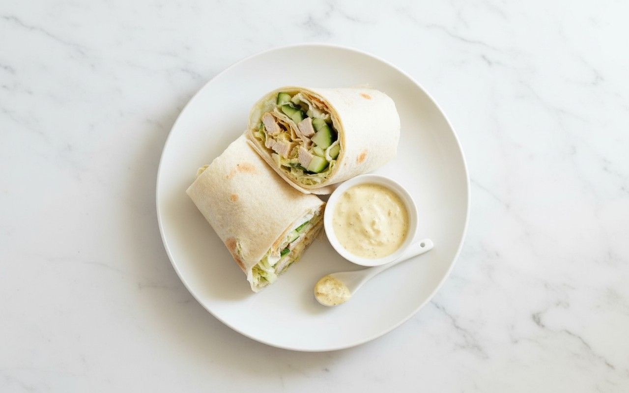 Wrap de pollo con pepino acompañado de salsa de yogurt al ajo
