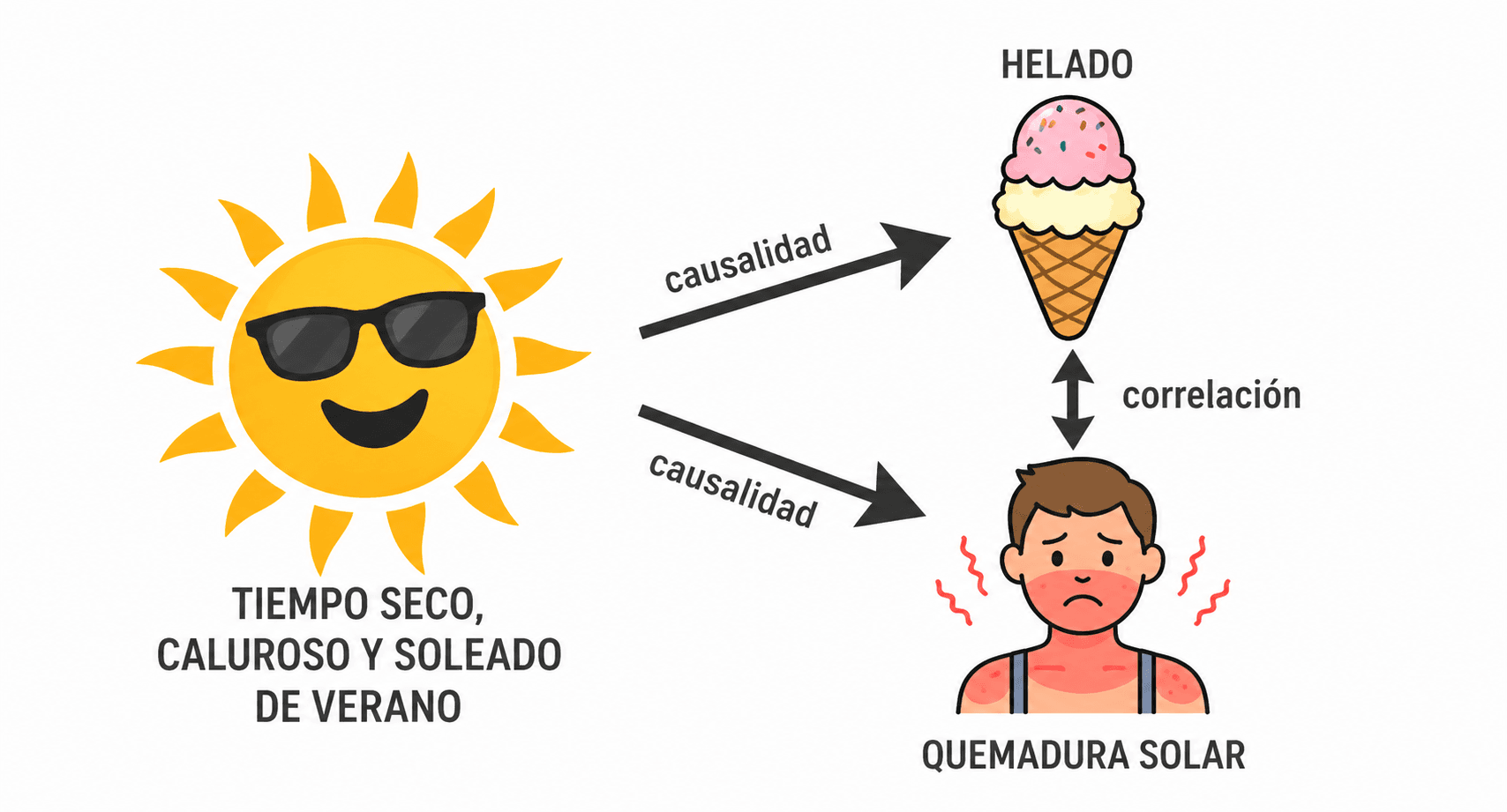 Infografía que muestra cómo el clima seco, caluroso y soleado de verano causa tanto el aumento en consumo de helado como las quemaduras solares, ilustrando que ambos están correlacionados pero no se causan entre sí.