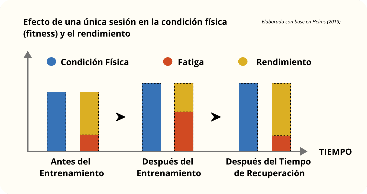Gráfico que muestra el impacto de una sesión de entrenamiento en la condición física, la fatiga y el rendimiento antes, después y tras la recuperación.