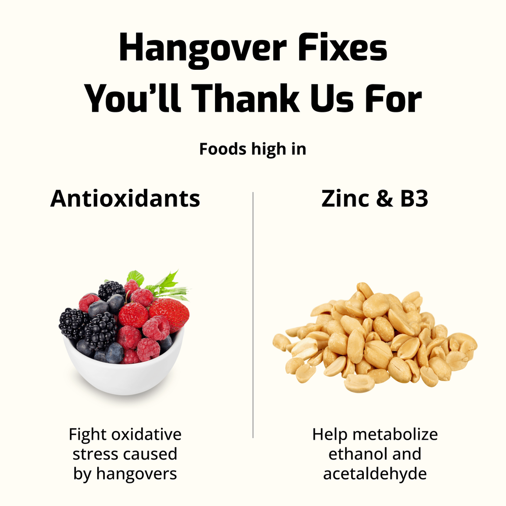 Bowl of berries rich in antioxidants to fight oxidative stress and peanuts high in zinc and B3 to metabolize alcohol toxins.