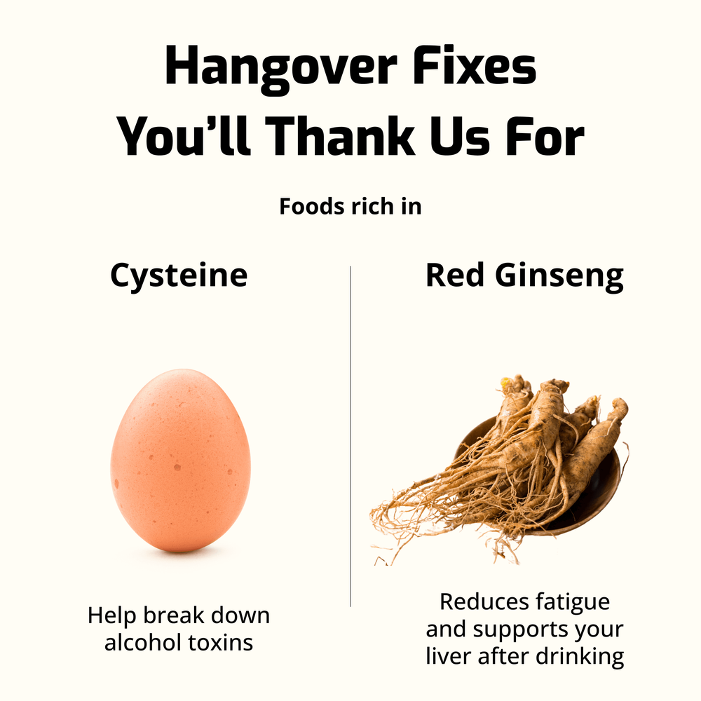 Egg rich in cysteine to break down alcohol toxins and red ginseng to reduce fatigue and support liver recovery after drinking.