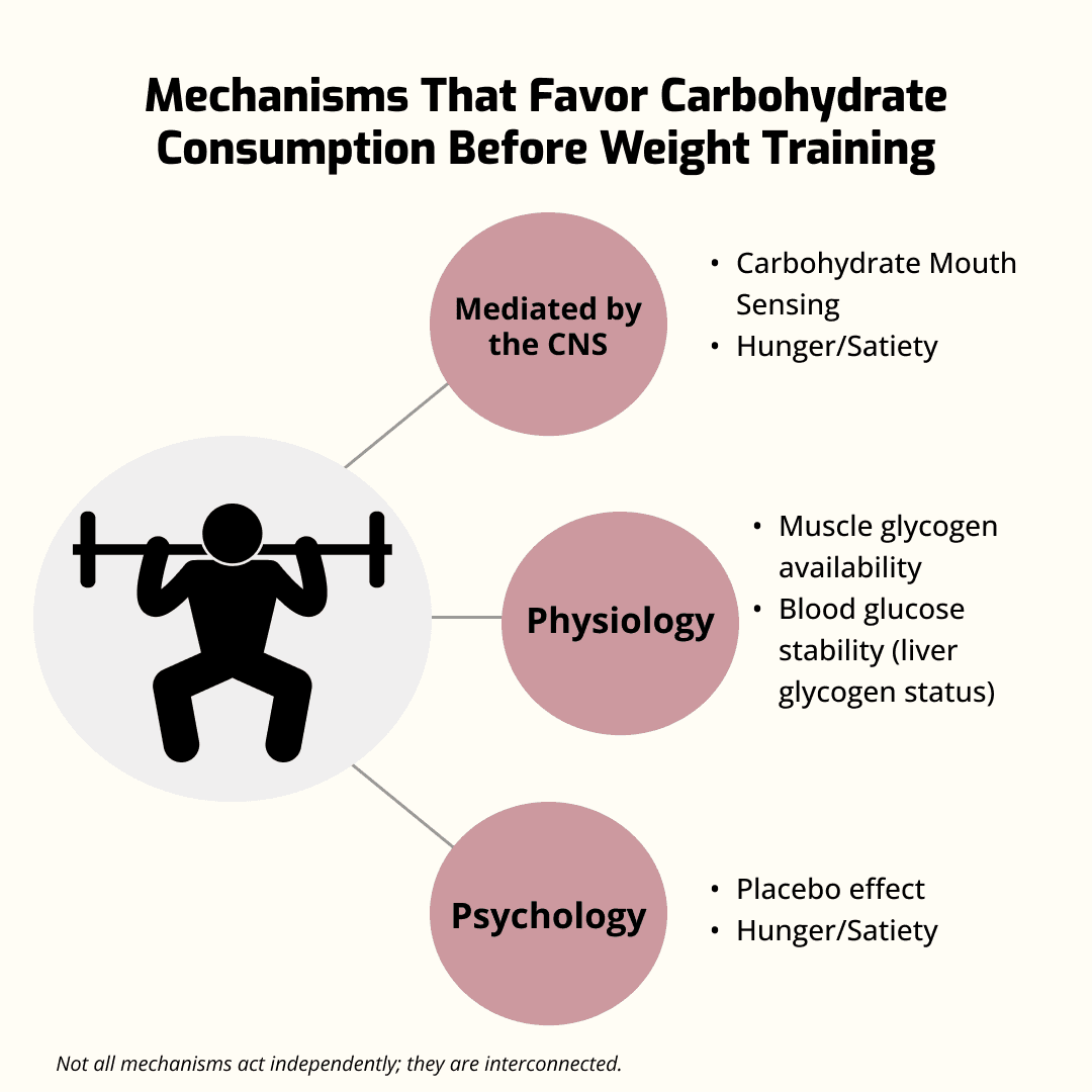 Infographic explaining mechanisms that support carbohydrate consumption before weight training. Covers psychological, physiological, and central nervous system factors related to glycogen, satiety, and performance.