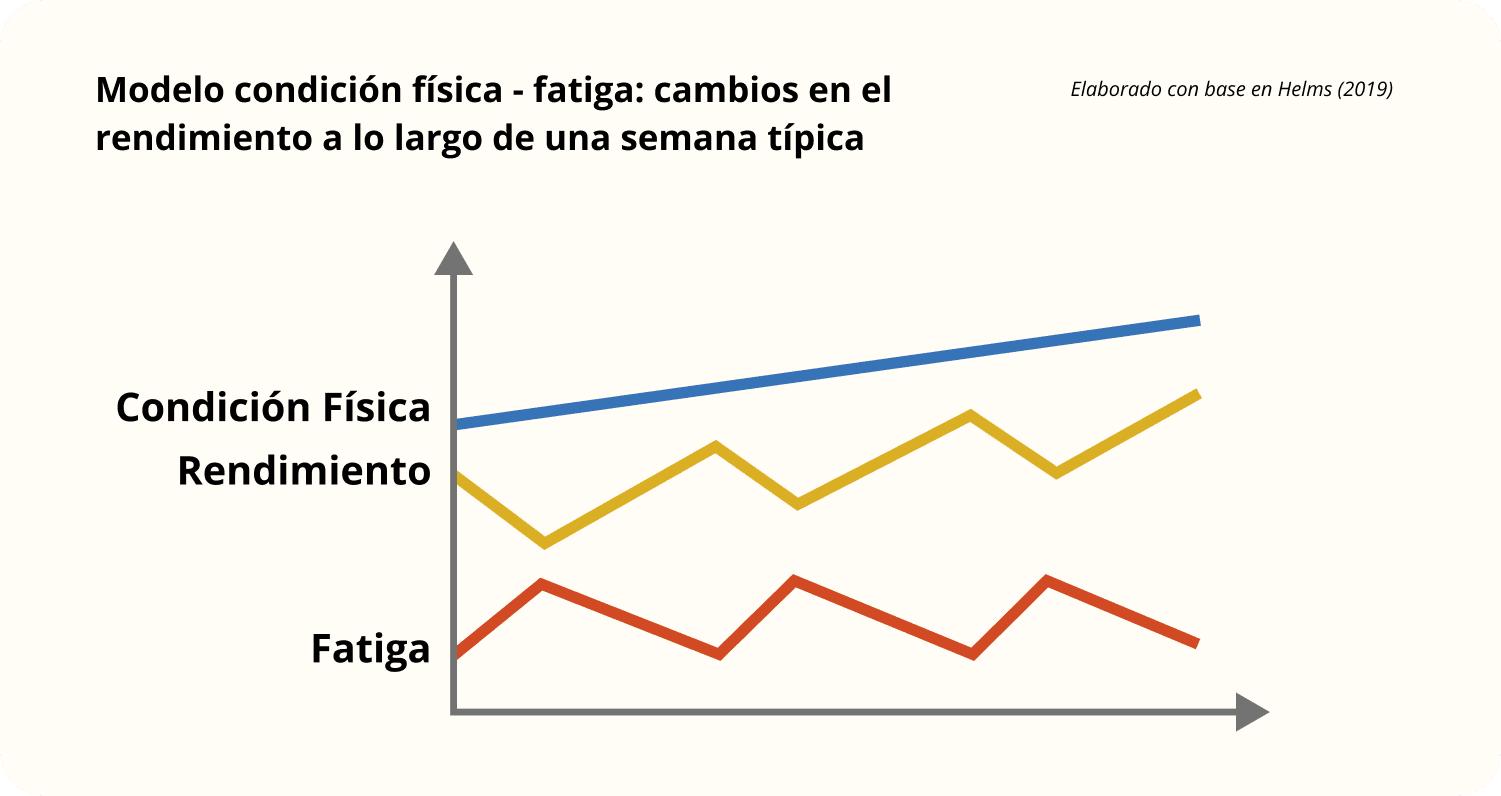 Gráfico que muestra el modelo de condición física y fatiga, representando los cambios en la condición física, la fatiga y el rendimiento a lo largo de una semana típica, basado en Helms (2019).