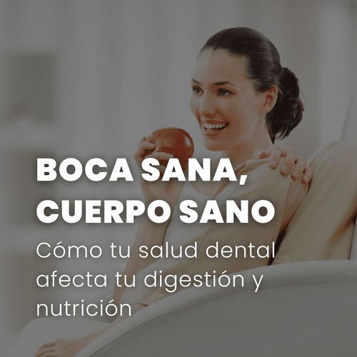 Mujer sonriendo con manzana, portada del artículo sobre salud dental y digestiva