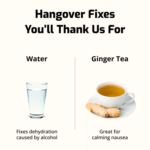 Glass of water and a cup of ginger tea as remedies for hangovers. Water helps fix dehydration caused by alcohol, and ginger tea calms nausea.