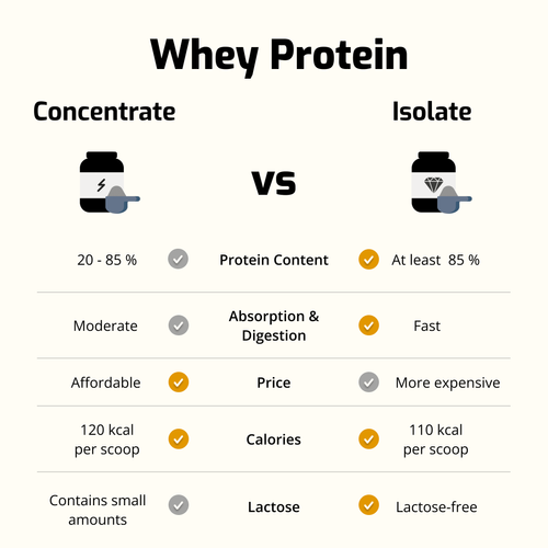 Comparison chart of whey protein concentrate vs isolate, highlighting differences in protein content, absorption, price, calories, and lactose content.
